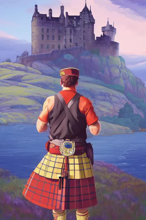 Prompt: a scottish scotland man in a kilt, centered, castle scotland background, median photoshop filter cutout vector behance, hd by artgerm, jesper ejsing, by rhads, makoto shinkai and lois van baarle, ilya kuvshinov, rossdraws, illustration, art by ilya kuvshinov and gustav klimt