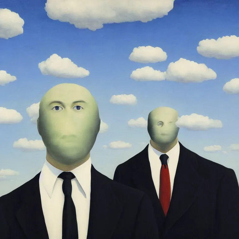 Image similar to portrait of a faceless shadow - head man in a suit, clouds in the background, by rene magritte, detailed painting, distance, middle centered, hd, hq, high resolution, high detail, 4 k, 8 k