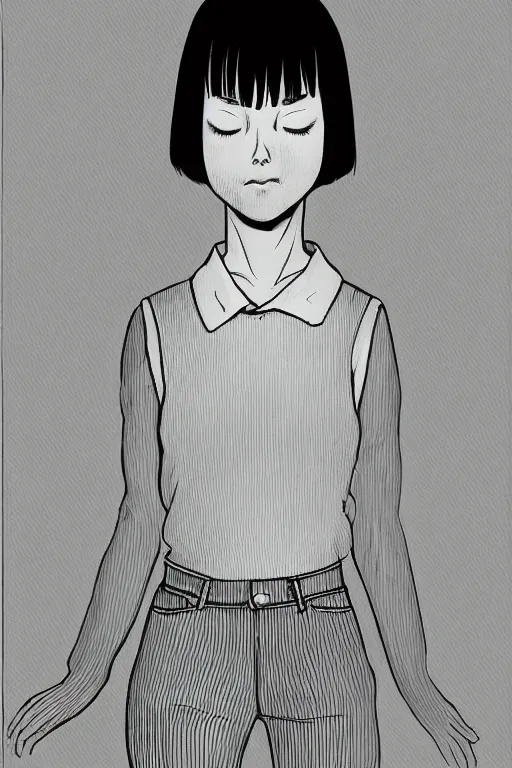 Image similar to portrait of a girl in long pants and a top, hands in pockets, eyes closed, bob haircut, digital art, black and white, manga style, by junji ito