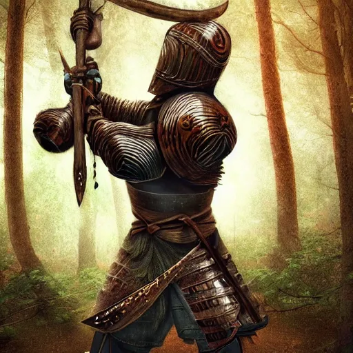 Image similar to digital art of a woodland knight made of wood holding a giant club, in a dark forest, digital art, high quality render, artstation, 8 k, photograph quality, ultrahd, in the style of dungeons and dragons