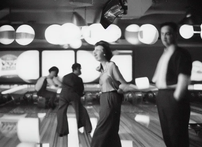 Image similar to a 35mm photograph of a man and a woman at a bowling alley in the 1950's at sunset, bokeh, Canon 50mm, cinematic lighting, photography, retro, film, Kodachrome