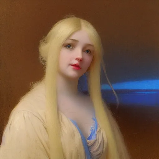 Image similar to a young woman's face, her hair is white and she wears an cobalt blue satin cloak, by ivan aivazovsky and syd mead and moebius and gaston bussiere and roger dean and pieter claesz and paul delaroche and alma tadema and aelbert cuyp and willam claesz, hyperrealistic, volumetric light, octane render