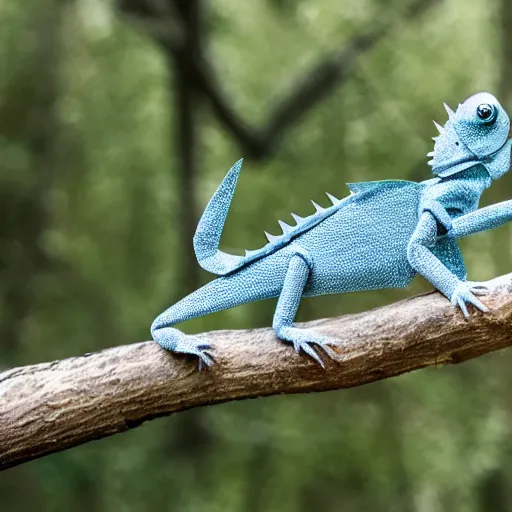 Prompt: a epic shot of a paper chameleon hanging on a branch of a tree