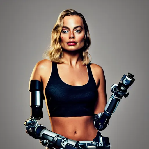 Image similar to full body portrait of Margot Robbie as a cyborg with robotic prosthetic arms and legs, 4k, hyperdetailed, photorealist, DSLR photograph