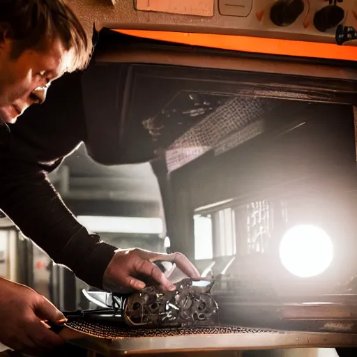 Image similar to technician repairing head of toaster oven mecha, dark messy smoke - filled cluttered workshop, dark, dramatic lighting, orange tint, cinematic, highly detailed, sci - fi, futuristic, movie still