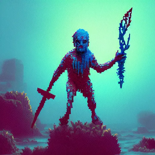 Image similar to voxel painting by greg rutkowski of a drowned zombie holding a trident with glowing cyan eyes, wearing ragged clothing, holding a trident, underwater, pastel green and blue color palette