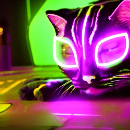 Image similar to neon strips on iridescent kittens cyperpunk 2 0 7 7, unreal engine 5, 8 k ultra realistic, hyperdetailed, volumetric lighting, extremely high quality