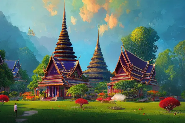 Image similar to summer morning, thai temple, rolling mountain, very coherent and colorful high contrast, art by gediminas pranckevicius, geof darrow, dark shadows, hard lighting