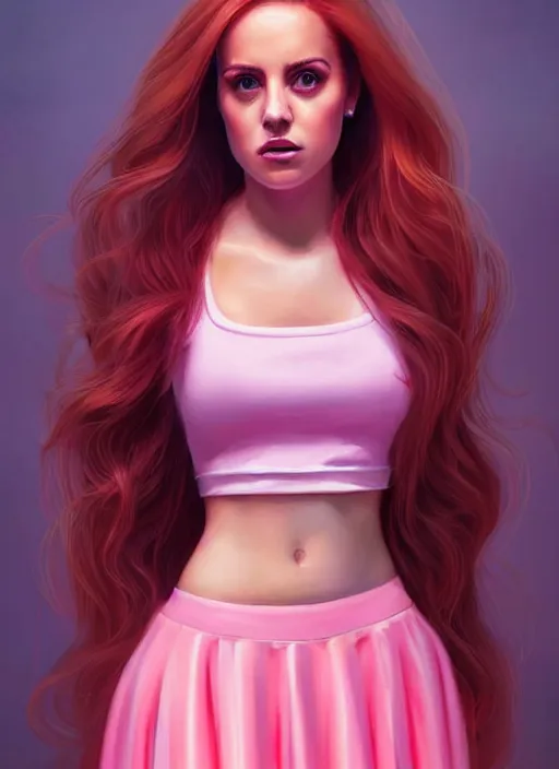 Image similar to full body portrait of teenage cheryl blossom, bangs, green eyes, sultry expression, red hair, sultry smirk, bangs and wavy hair, pink skirt, intricate, elegant, glowing lights, highly detailed, digital painting, artstation, concept art, smooth, sharp focus, illustration, art by wlop, mars ravelo and greg rutkowski