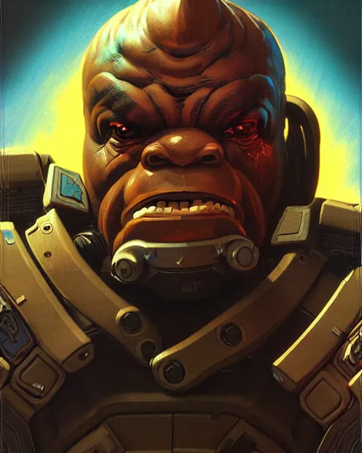 Image similar to doomfist from overwatch, aggressive expression, character portrait, portrait, close up, concept art, intricate details, highly detailed, vintage sci - fi poster, retro future, in the style of chris foss, rodger dean, moebius, michael whelan, and gustave dore