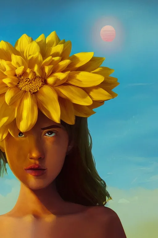 Image similar to closeup girl with huge yellow dahlia flower face, at beach, surreal photography, blue sky, sunrise, dramatic light, impressionist painting, digital painting, artstation, simon stalenhag