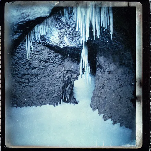 Prompt: a dark glacier cave with a low ceiling, small stream of water, icicles, deep, dark, creepy, eerie, unsettling, terrifying, old polaroid, expired film, deep, rough water,