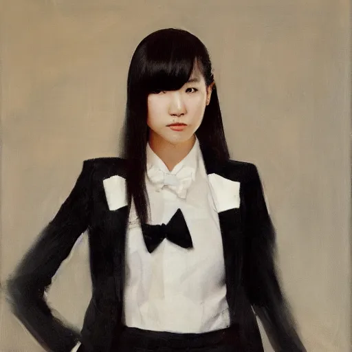Image similar to portrait of a beautiful korean girl wearing a men's tuxedo, with long hair and bangs, angular features, angry expression, oil on canvas, elegant pose, masterpiece, Jonathan Yeo painting