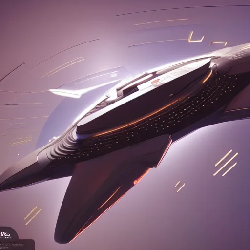 Prompt: portrait of a starship made of advanced tech, oval design, armor plating on nose, dotted with leds, smooth, graceful design, soft edges, smooth, figree decorations, gyroscopic engines, flying in space, photo realism, unreal engine, trending on artstation