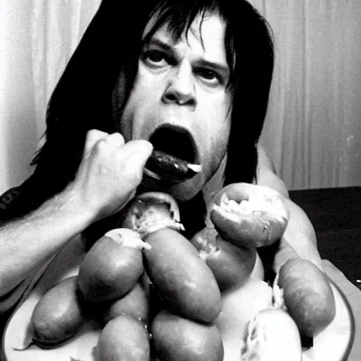 Image similar to danzig shoving a dozen hotdogs into his mouth