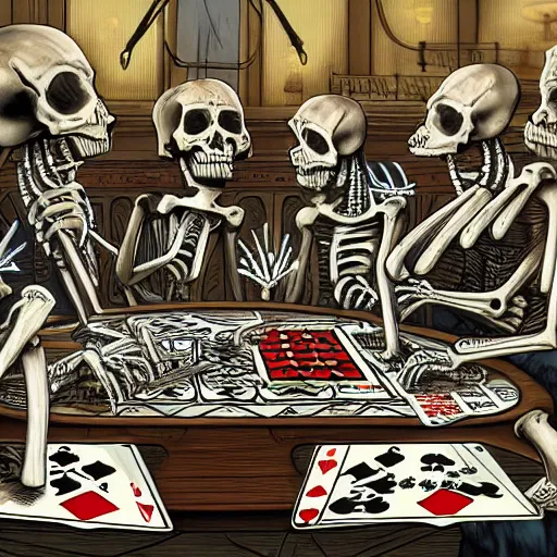 Image similar to a group mafia of skeletons playing cards, gambling, drinking alcohol and smoking around a round table, decade 20s, old film, digital fantasy art, trending in deviantart, hyperdetailed, high quality, cinematic