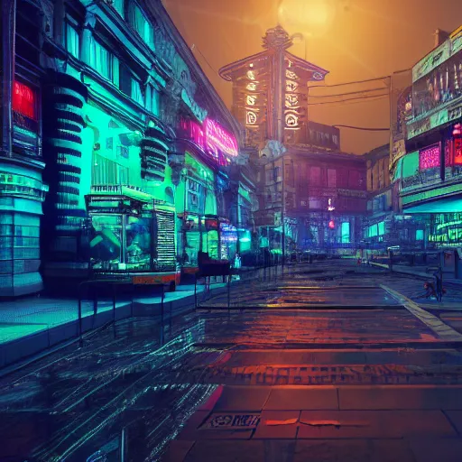 Prompt: a hyper realistic photo of a cyberpunk budapest, extremely detailed, neon lights, reflections, ray tracing, 4 k, octane render,