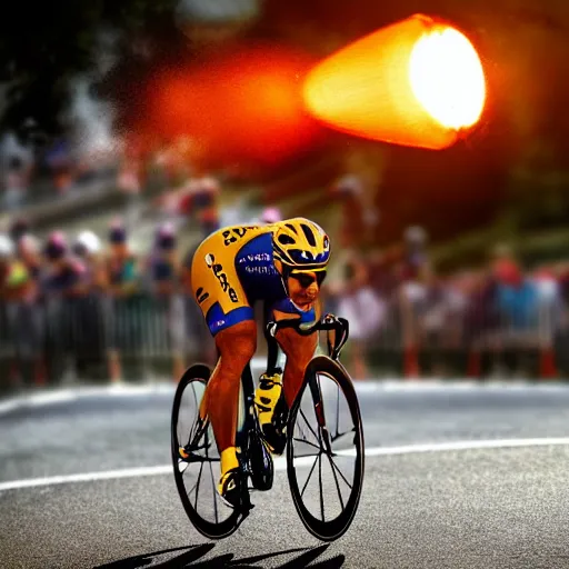 Image similar to sport photography of lance amstrong biking on the tour de france ( tdf ) with a huge lit rocket on his back, motion blur, 8 0 mm, f 4. 0, golden hour, trending on artstation, hyper realistic