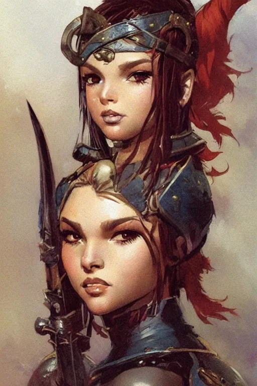 Image similar to a portrait of a cute warrior girl by frank frazetta and ross tran