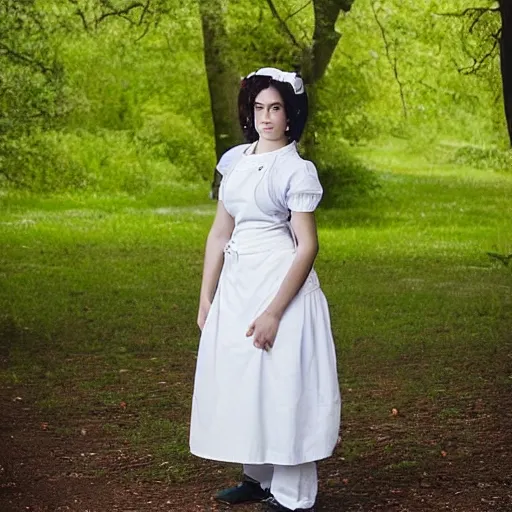 Prompt: a full body portrait of a very very very beautiful young woman wearing a white apron in a park, very detailed, William-Adolphe, photo taken with Sony a7R