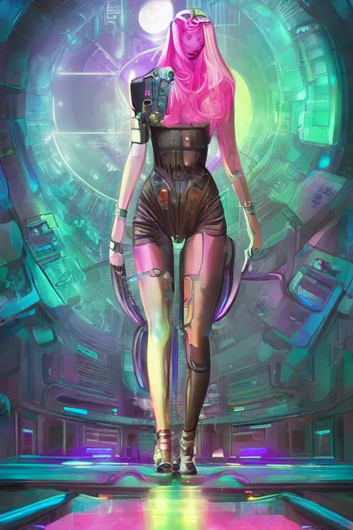 Image similar to attractive female android in feminine pose on a hyper-maximalist overdetailed retrofuturist scifi bookcover illustration from '70s. Inspired by shadowrun darkscifi utopia.. Biopunk, solarpunk style. Daytime. Made by echo chernik. Artstation.