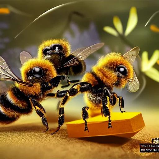 Prompt: a super cute team of bees wearing ninja gear, hyperrealistic, digital art, 4 k