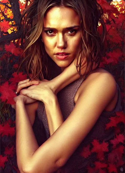 Image similar to half Jessica Alba half Nathalie Portman half scarlett johansonna pure seductive angel, full body portrait, slight smile, diffuse natural sun lights, autumn lights, highly detailed, digital painting, artstation, concept art, sharp focus, illustration, art by wlop and greg rutkowski and alphonse mucha and artgerm