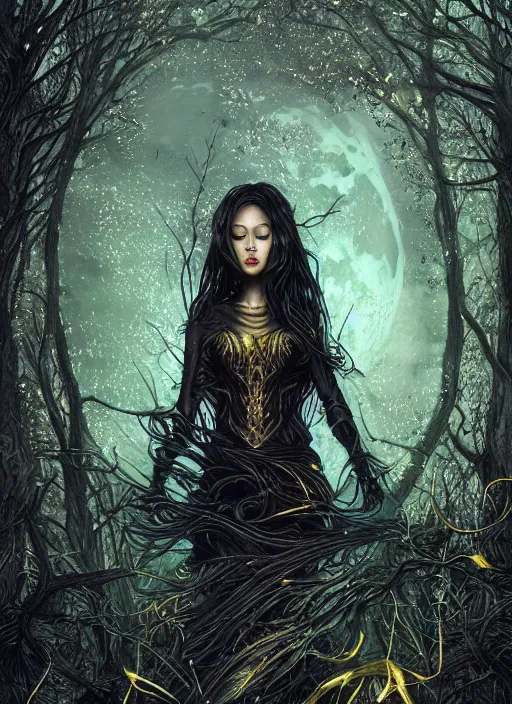 Image similar to glowing silver and golden elements, portrait, A beautiful dark witch in front of the full big moon, book cover, green forest, red white black colors, establishing shot, extremly high detail, foto realistic, cinematic lighting, pen and ink, intricate line drawings, by Yoshitaka Amano, Ruan Jia, Kentaro Miura, Artgerm, post processed, concept art, artstation, matte painting, style by eddie, raphael lacoste, alex ross