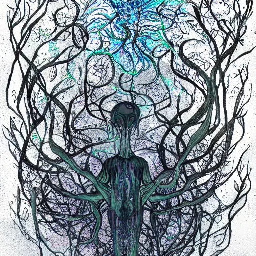 Prompt: eldritch being, made of dark matter and holographic flowers, formless and amorphous, beautiful and thought provoking, realistic eerie fantasy illustration