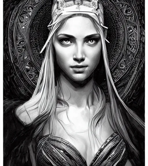 Image similar to beautiful aphrodite goddess wearing an arrow on her head, realistic face, beautiful eyes, black and white drawing, in the style of greg rutkowski, fantasy, amazing detail, epic, intricate, elegant, smooth, sharp focus