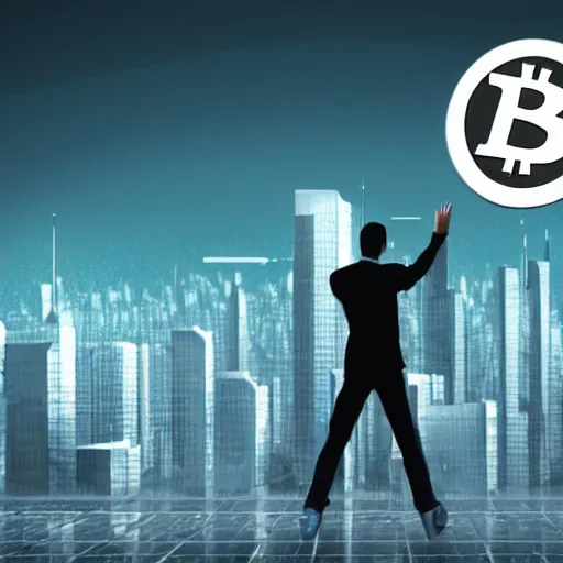 Image similar to detailed futuristic world, man waving goodbye to group of people, (cryptocurrency in background)