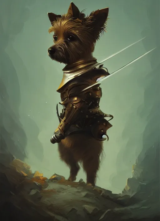 Image similar to norwich terrier as an knight, backround dark, highly detailed, digital illustration, trending in artstation, modern painting, smooth, sharp focus, intricate, by peter mohrbacher
