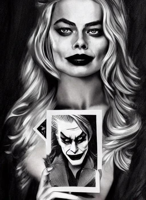 Image similar to tattoo design sketch of beautiful margot robbie portrait with joker makeup, holding an ace card, in the style of den yakovlev, realistic face, black and white, realism tattoo, hyper realistic, highly detailed