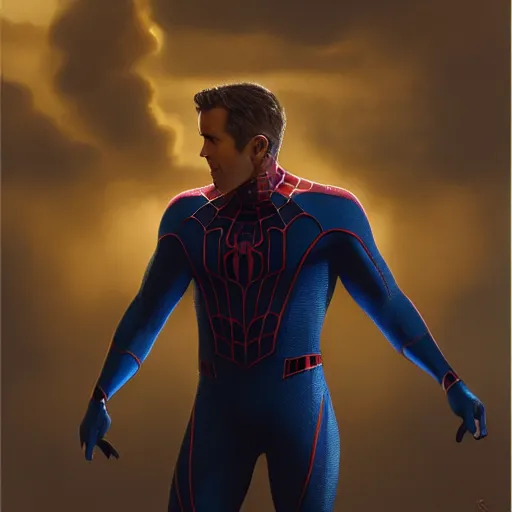 Image similar to ryan reynolds as a black and blue suit spider - man, cinematic, volumetric lighting, f 8 aperture, cinematic eastman 5 3 8 4 film, photorealistic by greg rutkowski, by stanley artgerm, by alphonse mucha