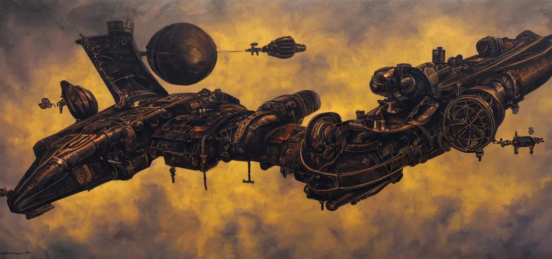 Image similar to oil painting of a steampunk spaceship