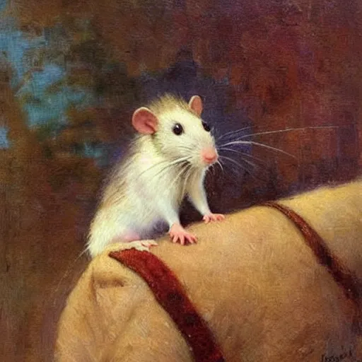 Prompt: Majestic Pet Rat sitting on the shoulder of its owner painting by Gaston Bussiere