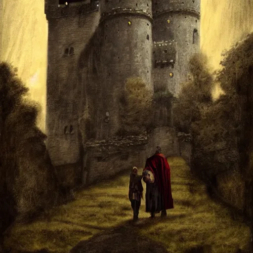 Image similar to merlin and gawain in a dark gloomy atmospheric medieval castle