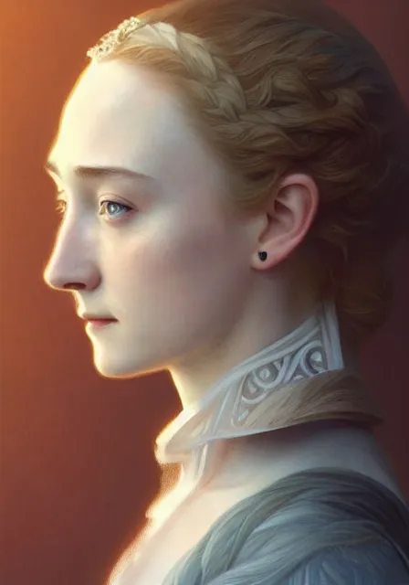 Image similar to sansa saoirse ronan, intricate, elegant, highly detailed, digital painting, artstation, concept art, smooth, sharp focus, illustration, art by artgerm and greg rutkowski and alphonse mucha and william - adolphe bouguereau