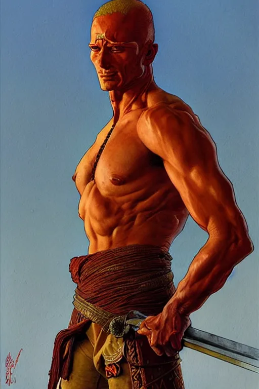 Prompt: warrior, male, character design, painting by jean giraud, greg rutkowski, carl larsson, tom of finland