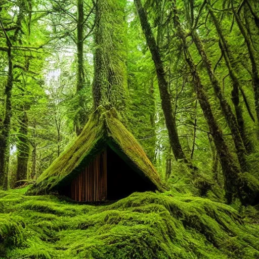 Image similar to A forest full of trees and moss, the scene contains a singular hut with a strange figure standing nearby, Photography, dark, intricate cube, Bleda, Elsa