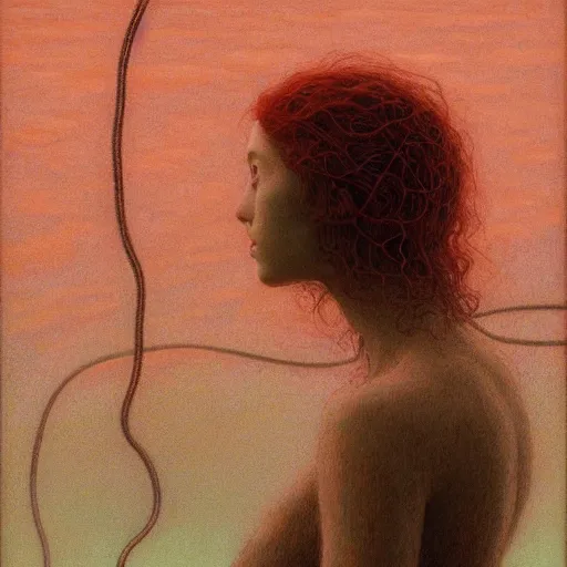 Image similar to portrait, shore of the lake, woman, wrapped around by tubes and cables, short black curly hair, glowing red, by edgar maxence and ross tran, zdzisław beksinski, and michael whelan, distant, gustav dore, h. r. giger, 8 k, octane render