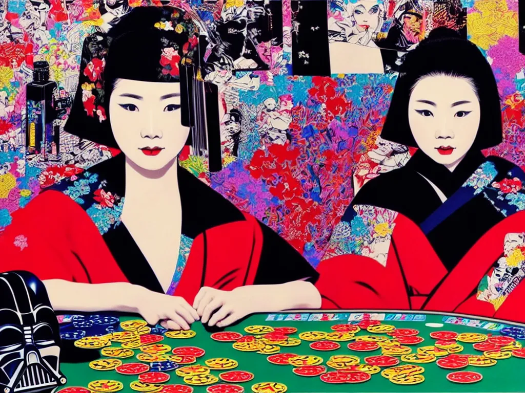 Image similar to hyperrealistic composition of the detailed woman in a japanese kimono sitting at a poker table with detailed darth vader, fireworks, beautiful mountain in the background, pop - art style, jacky tsai style, andy warhol style, acrylic on canvas