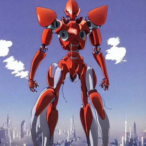 Prompt: 1 9 9 0 s anime screenshot of a sleek, slender, human - scale mecha suit defending the city streets, designed by hideaki anno, drawn by tsutomu nihei, and painted by zdzislaw beksinski