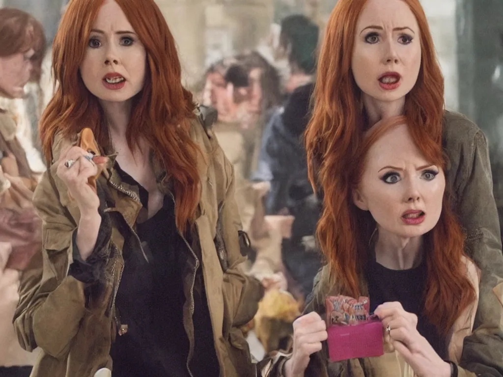 Image similar to realistic tabloid photo of Karen Gillan trying to explain she's not Unbreakable Kimmy Schmidt