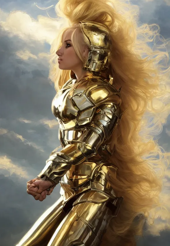 Image similar to A beautiful fierce blonde-haired angel wearing metallic battle armor, posing heroically, heavenly sunlit clouds background, close-up shot, elegant, digital painting, golden hour, cinematic, epic, trending on artstation, concept art, smooth, sharp focus, illustration, art by artgerm and Greg Rutkowski and Alphonse Mucha