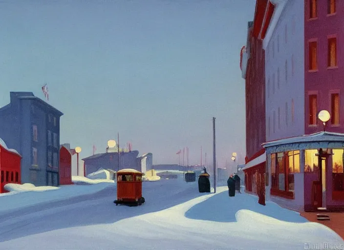 Image similar to a peaceful view of a helsinki on a winter evening, snowfall, cold color scheme, painting by edward hopper