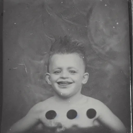 Image similar to tintype photo, swimming deep underwater, kid with huge clown