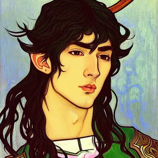 Image similar to painting of young handsome beautiful paladin elf!! man with long! wavy dark hair in his 2 0 s named taehyung minjun at the blueberry party, wearing armor!, long hair, elf ears, elegant, clear, painting, stylized, delicate, soft facial features, art, art by alphonse mucha, vincent van gogh, egon schiele,