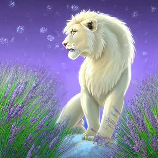 Image similar to aesthetic portrait commission of a albino male furry anthro lion under a lavender tree surrounded by by soap bubbles while wearing a masculine cozy soft pastel winter outfit, softest winter atmosphere. character design by artgerm, and makoto shinkai, detailed, inked, western comic book art, 2 0 2 0 award winning painting