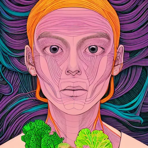 Image similar to the anatomy of a head of lettuce that looks like a pretty and handsome girl, an ultrafine detailed painting by james jean, intricate linework, bright colors, studio ghibli, behance contest winner, vanitas, angular, altermodern, unreal engine